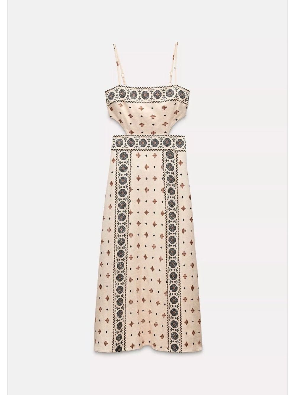 Zara Beige Midi Slip Dress with Black Floral Border